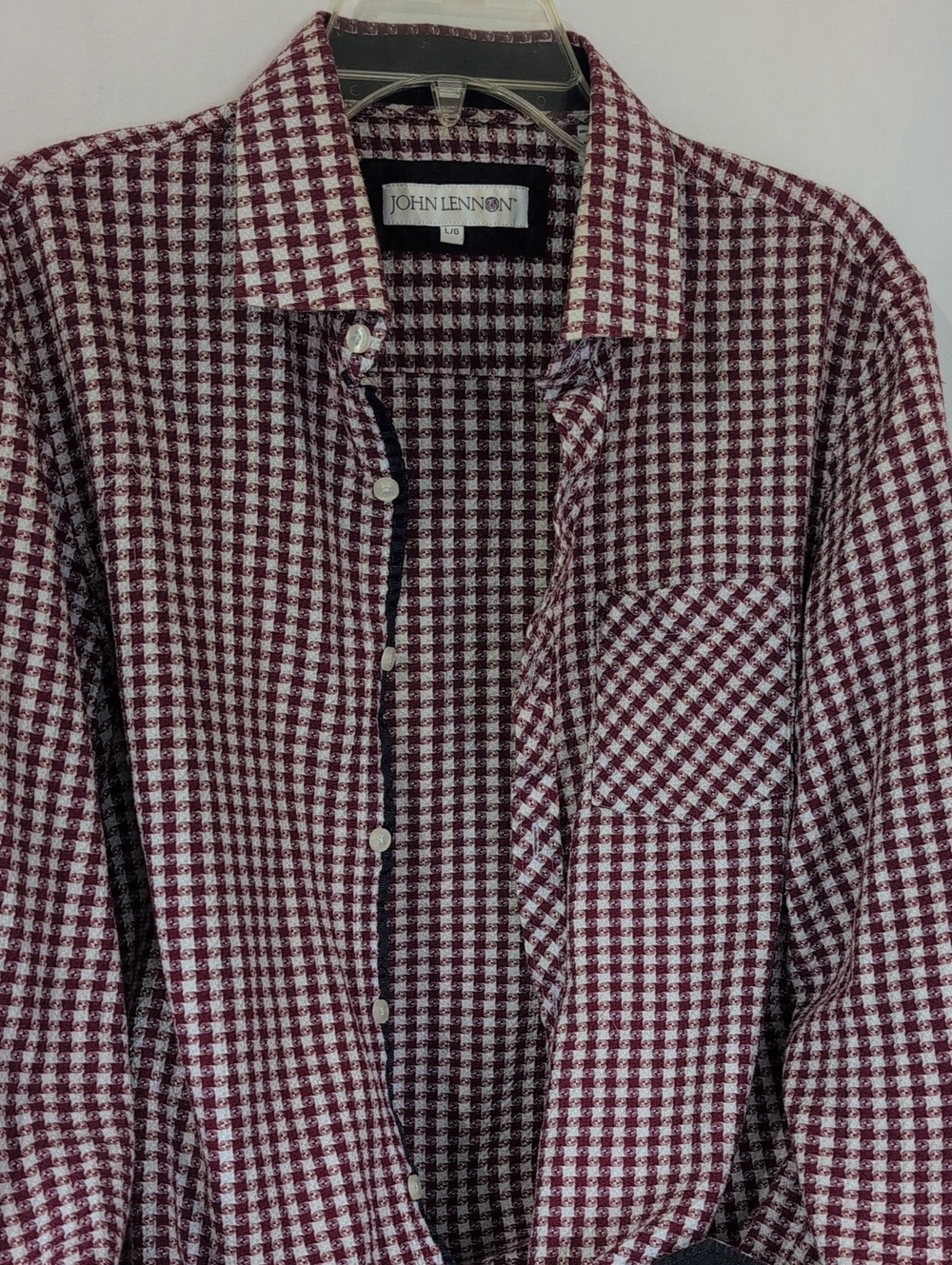 John Lennon Men's Lg Burgundy & White Geo Check Button-Up Shirt, Slim Fit